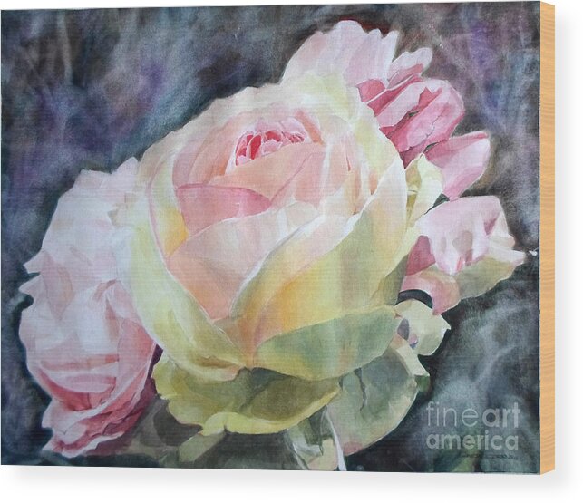 Watercolors Wood Print featuring the painting Watercolor of Pink Yellow Rose Angela by Greta Corens