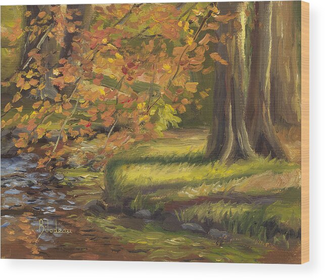 Nature Wood Print featuring the painting Plein Air - Trees and Stream by Lucie Bilodeau