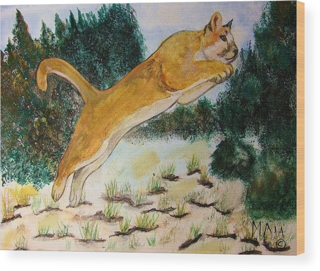 Mountain Lion Wood Print featuring the painting Pounce by Matthew Griswold