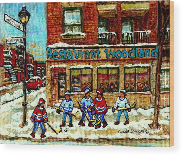 Montreal Wood Print featuring the painting Restaurant Woodland Pizza Rue Wellington Verdun Original Hockey Art Montreal Paintings Commissions  by Carole Spandau
