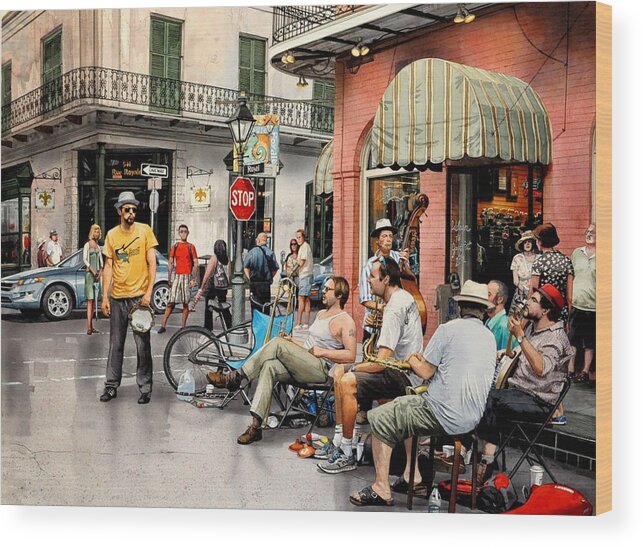 Urban Landscape Wood Print featuring the painting Royal Street Jazz by Robert W Cook 