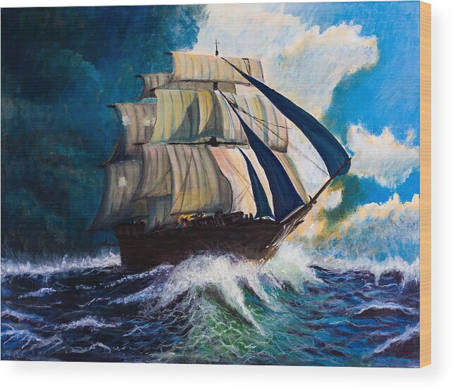 Ship Wood Print featuring the painting Running from the storm by Lee Stockwell