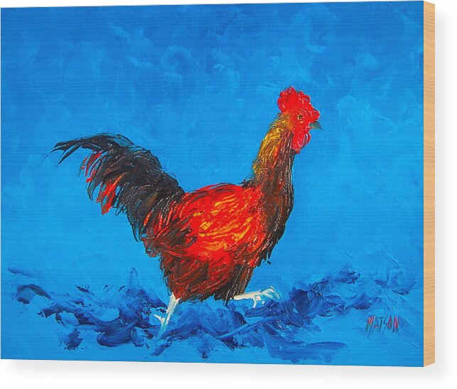 Rooster Wood Print featuring the painting Running rooster on blue background by Jan Matson
