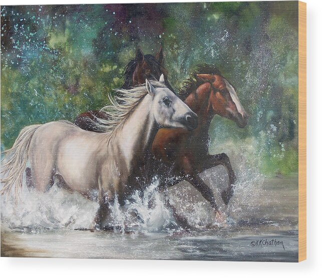 Wild Mustang Running Salt River Greeting Cards Painting Framed Prints Acrylic Prints Equine Canvas Prints Texas Artist Karen Kennedy Chatham Art Wild Horses Metal Print Western Arizona River Scene Horses In Water Cowboy Office Decor Hospital Rustic Greeting Card Western Artist Christian Artist Horse Play Running Splashing Wild Mustang Painting Wild Mustang Framed Prints Wilds Mustang Canvas Prints Wild Horse Traditional Art Ft Worth Artist Wise County Artist Equine Artist Horse Portrait Cards Wood Print featuring the painting Salt River Horseplay by Karen Kennedy Chatham