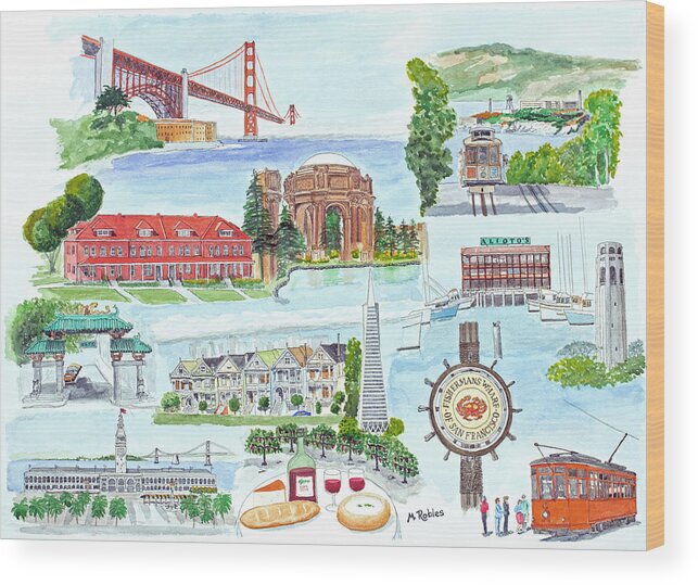 San Francisco Wood Print featuring the painting San Francisco Highlights Montage by Mike Robles