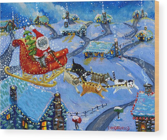 Santa Claus Wood Print featuring the painting Santa Kitty's Sleigh by Jacquelin L Westerman