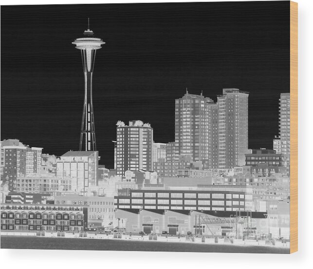 Space Needle Wood Print featuring the photograph Seattle Cityscape - BW Negative by Connie Fox