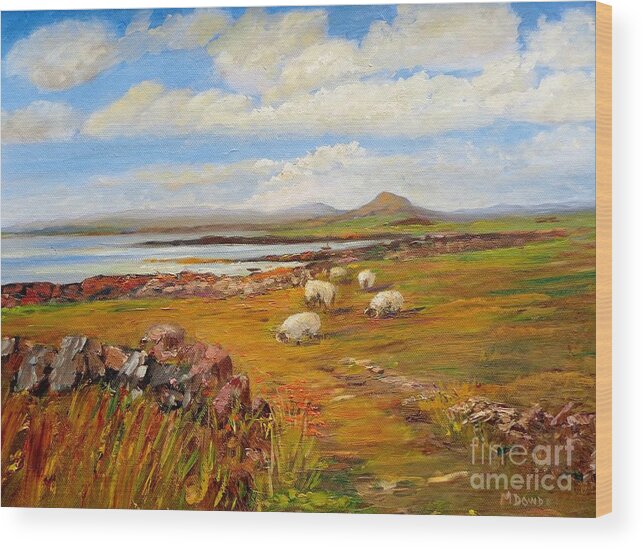 Landscape Wood Print featuring the painting Sheep near Carna Cashel road by Maureen Dowd