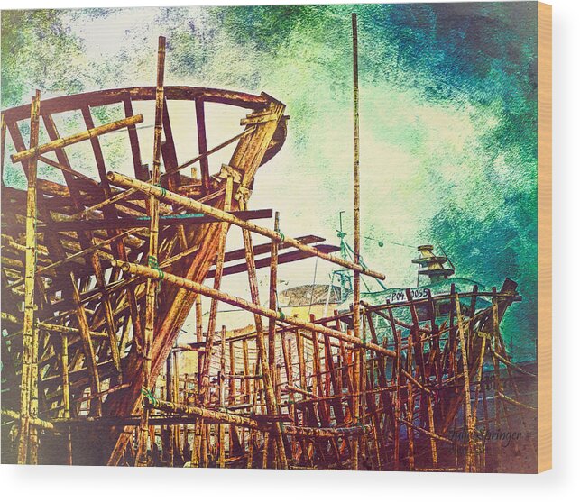 Julia Springer Wood Print featuring the photograph Skeletons in the Yard - Boatbuilding in Ecuador by Julia Springer