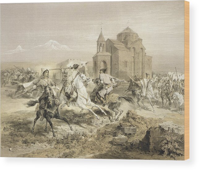 Fight Wood Print featuring the drawing Skirmish Of Persians And Kurds by Grigori Grigorevich Gagarin