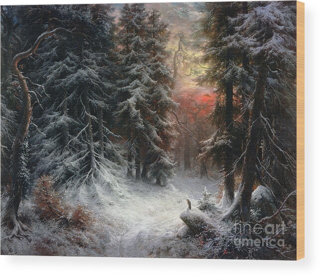 Winter Wood Print featuring the painting Snow Scene in the Black Forest by Carl Friedrich Wilhelm Trautschold
