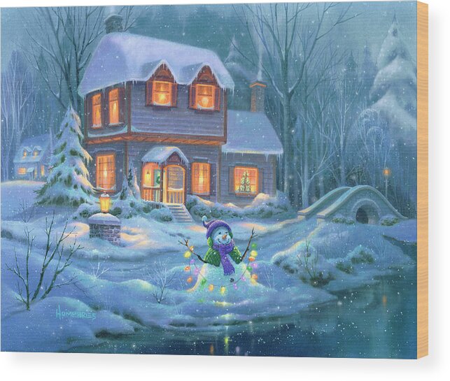 Michael Humphries Wood Print featuring the painting Snowy Bright Night by Michael Humphries