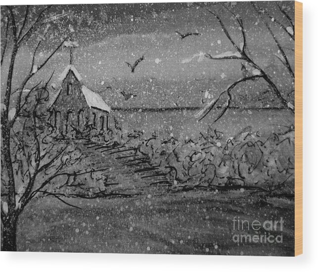 Church Wood Print featuring the painting Snowy Church Night by Gretchen Allen