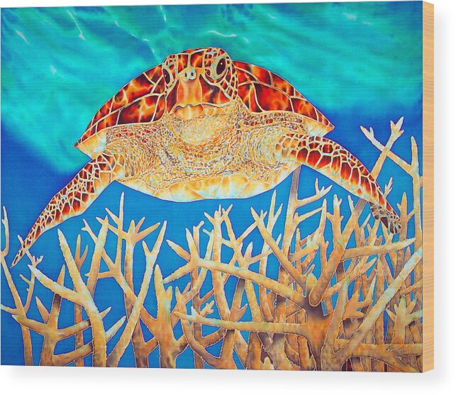 Sea Turtle Wood Print featuring the painting Sea Turtle Soaring over Staghorn by Daniel Jean-Baptiste