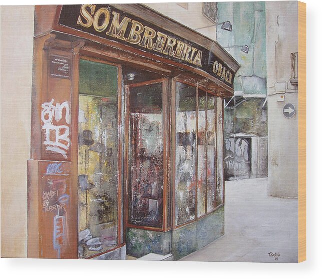 Sombrereria Wood Print featuring the painting Sombrereria Obach-Barcelona by Tomas Castano