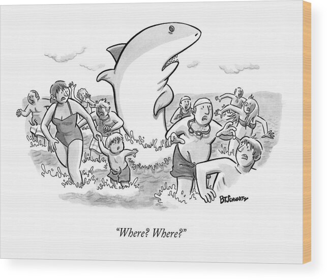 Shark Wood Print featuring the drawing Someone Has Just Yelled Shark! At The Beach by Benjamin Schwartz