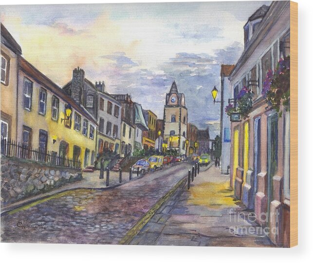 Streetscene Wood Print featuring the painting Nightfall at South Queensferry Edinburgh Scotland at Dusk by Carol Wisniewski