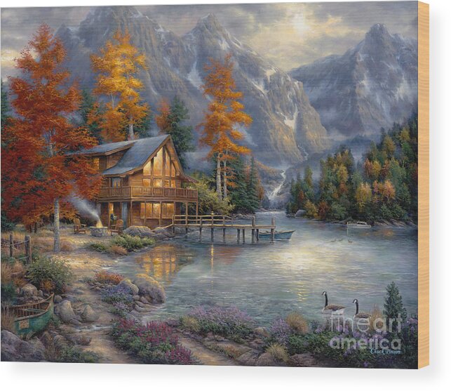 Mountain Cabin Wood Print featuring the painting Space for Reflection by Chuck Pinson