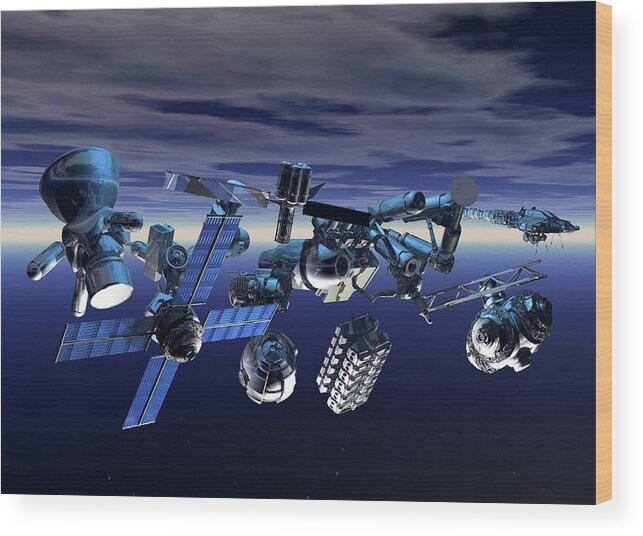 Large Group Of Objects Wood Print featuring the digital art Space Junk, Artwork by Victor Habbick Visions
