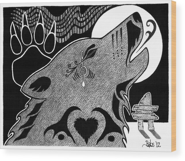 Wolf Wood Print featuring the drawing Spirit Of Community by Barb Cote