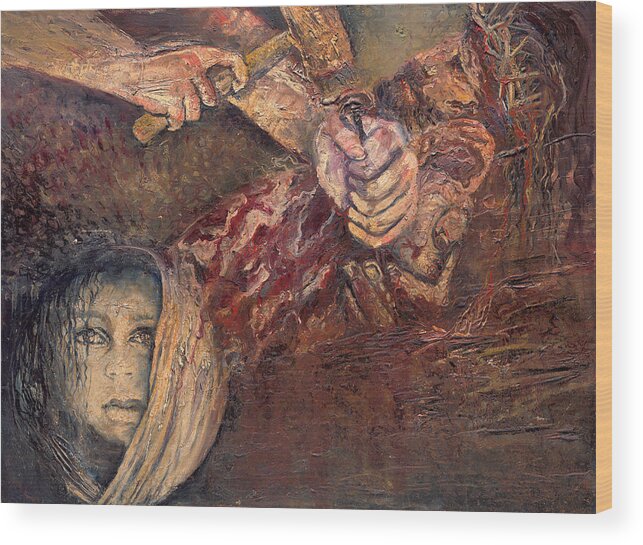 Christian Art Wood Print featuring the painting Station XI Jesus is Nailed to the Cross by Patricia Trudeau