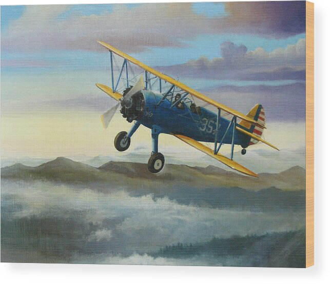 Stearman Wood Print featuring the painting Stearman Biplane by Stuart Swartz