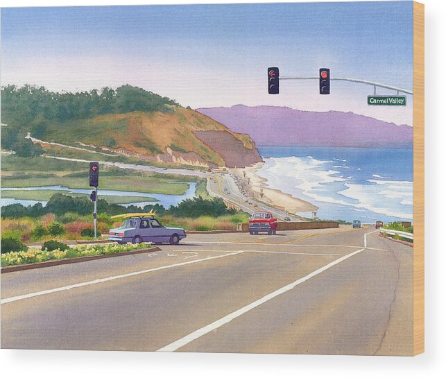 Surfer Wood Print featuring the painting Surfers on PCH at Torrey Pines by Mary Helmreich