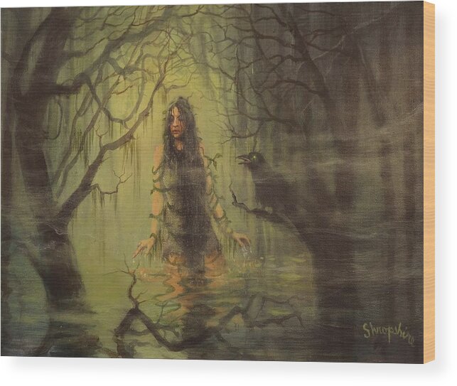  Fantasy Wood Print featuring the painting Swamp Witch Rising by Tom Shropshire