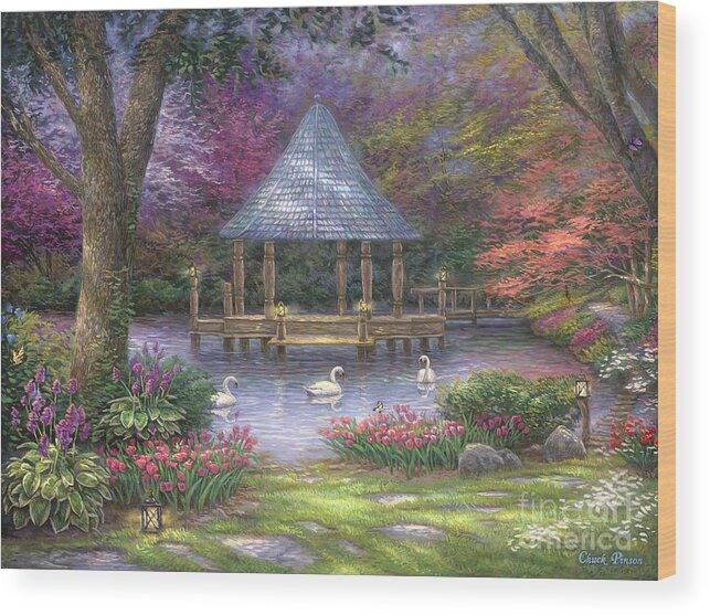  Commission Wood Print featuring the painting Swan Pond by Chuck Pinson
