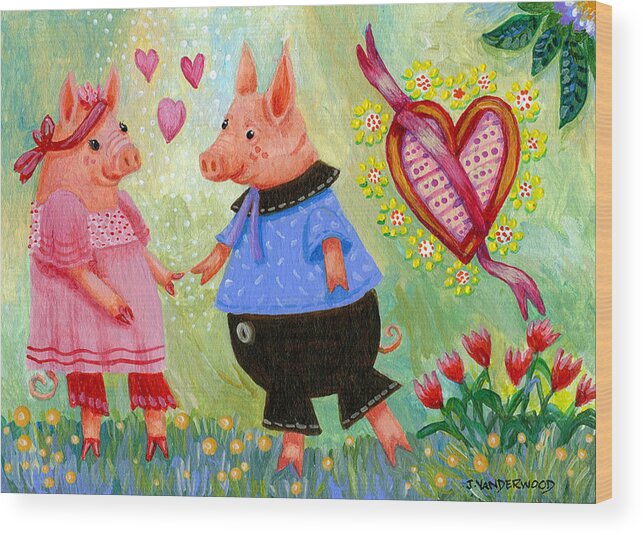 Pigs Wood Print featuring the painting Sweetheart Valentine Pigs by Jacquelin L Westerman