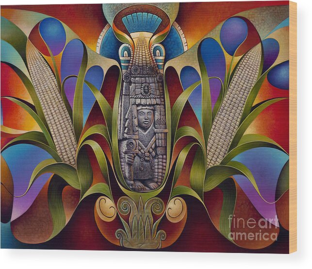 Aztec Wood Print featuring the painting Tapestry of Gods - Chicomecoatl by Ricardo Chavez-Mendez