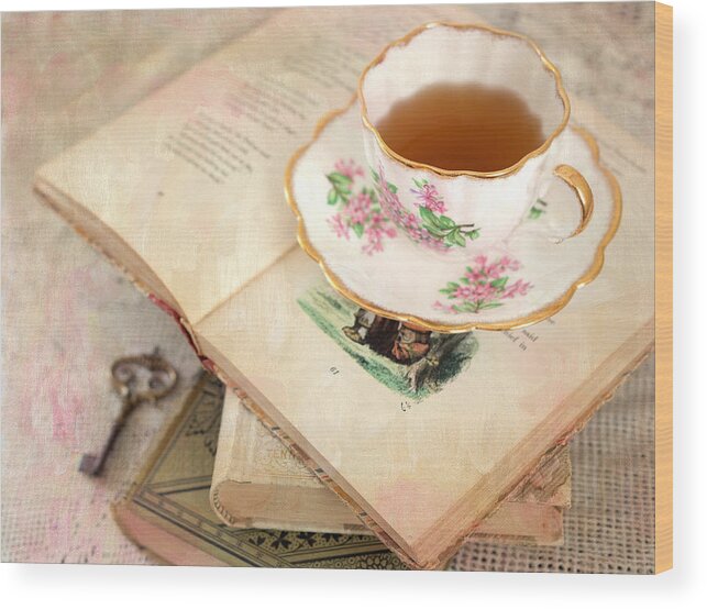Teacup Wood Print featuring the photograph Tea Cup and Vintage Books by June Marie Sobrito