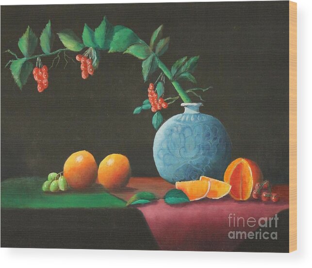 Oil Paintings Wood Print featuring the painting The Asian Vase and Oranges by Bob Williams