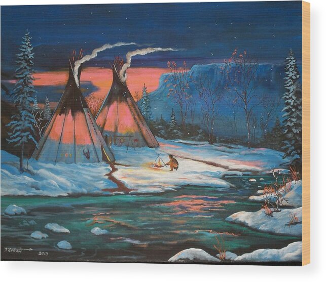 Indian Wood Print featuring the painting The Campsite by Dave Farrow