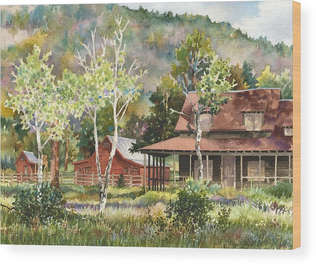 Barn Painting Wood Print featuring the painting The DeLonde Homestead at Caribou Ranch by Anne Gifford