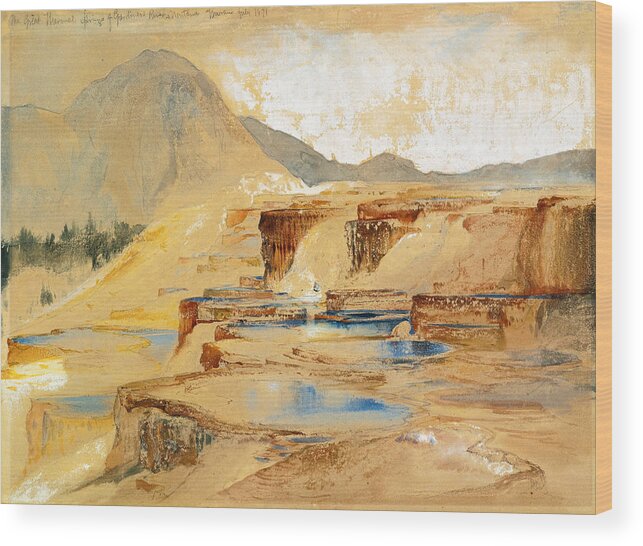 Thomas Moran Wood Print featuring the painting The Great Thermal Springs of Gardiner's River Montana by Thomas Moran