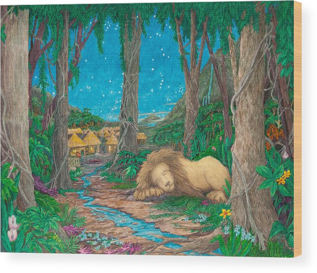 Lion Wood Print featuring the painting The Lion Sleeps Tonight ... by Matt Konar