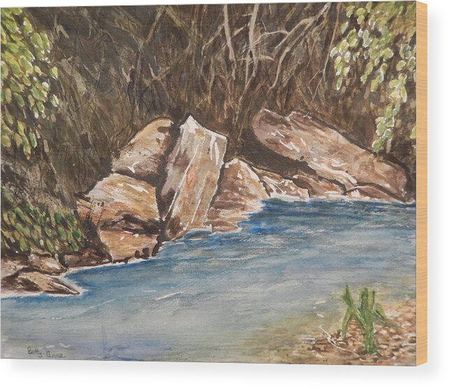 Rocks Wood Print featuring the painting The River's Edge by Betty-Anne McDonald