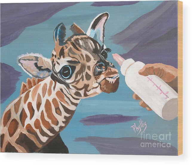 Tiny Giraffe Wood Print featuring the painting Tiny Baby Giraffe with Bottle by Phyllis Kaltenbach