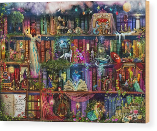 Fairytale Wood Print featuring the digital art Fairytale Treasure Hunt Book Shelf by MGL Meiklejohn Graphics Licensing