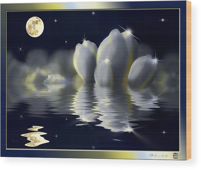 White Tulips And Moon Wood Print featuring the mixed media Tulips and Moon reflection by Peter V Quenter