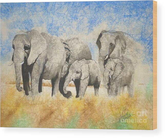 African Elephant Wood Print featuring the painting Vanishing Thunder Series - The Family by Suzanne Schaefer