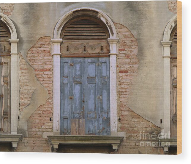 Venice Wood Print featuring the painting Venice Arched Bblue Shutters Horizontal by Robyn Saunders