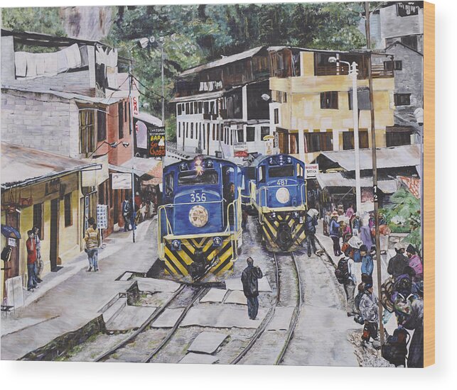 Trains Wood Print featuring the painting Village of Aquas Calientes by Dottie Branch
