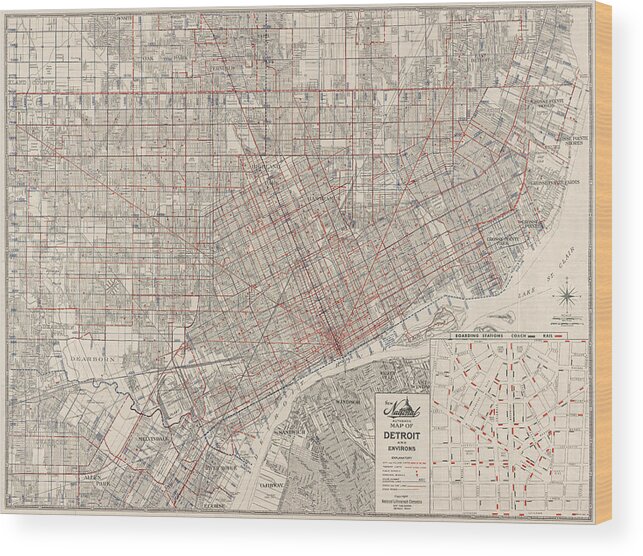Detroit Wood Print featuring the drawing Vintage Map of Detroit Michigan from 1947 by Blue Monocle