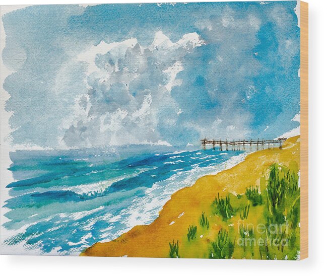 Nature Wood Print featuring the painting Virginia Beach with Pier by Walt Brodis