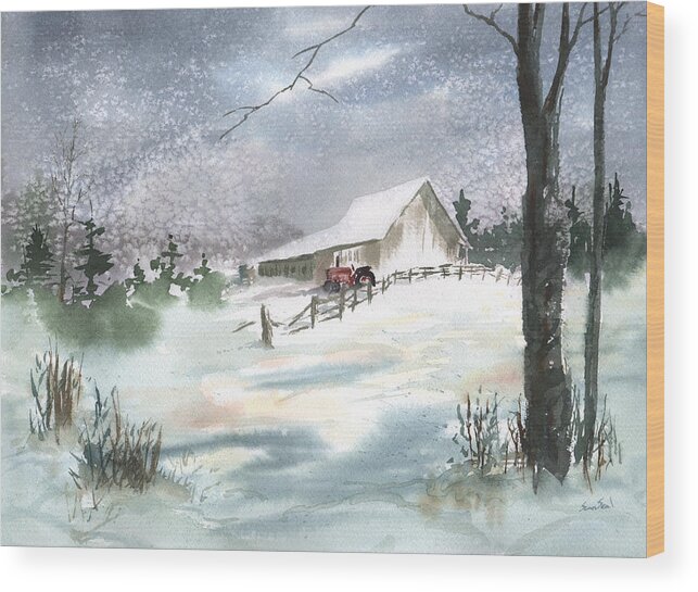 Barn Wood Print featuring the painting Winter Barn and Tractor by Sean Seal