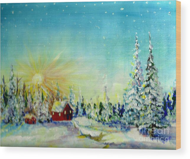 Landscape Wood Print featuring the painting Winter sun by Sarabjit Singh