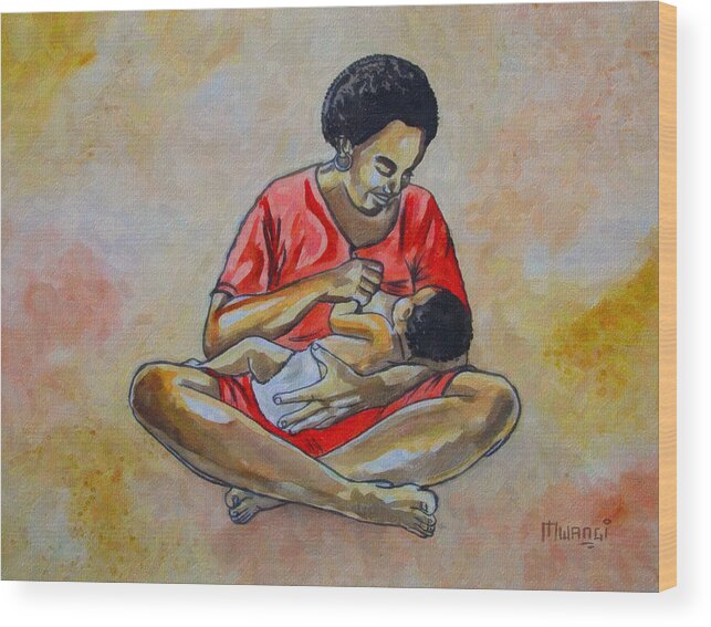 Baby Feeding Wood Print featuring the drawing Woman and child by Anthony Mwangi