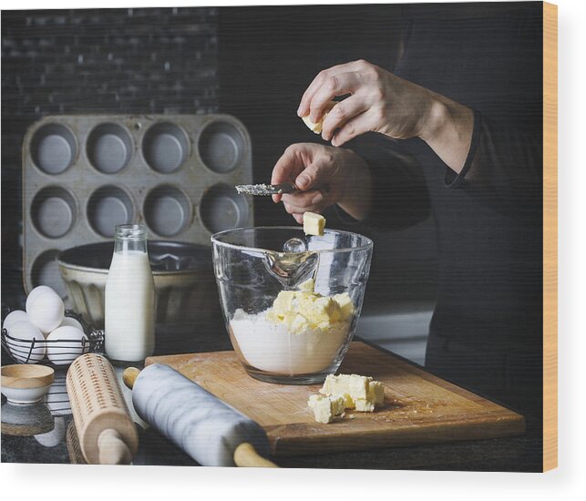 Sugar Wood Print featuring the photograph Woman making a flaky pastry dough by Anjelika Gretskaia